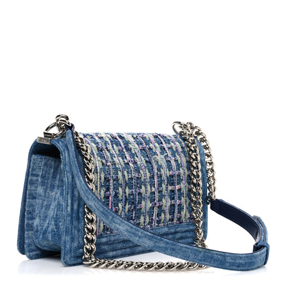 Chanel Cotton Tweed Denim Medium Boy Flap Light Green Light Blue 3 of 11