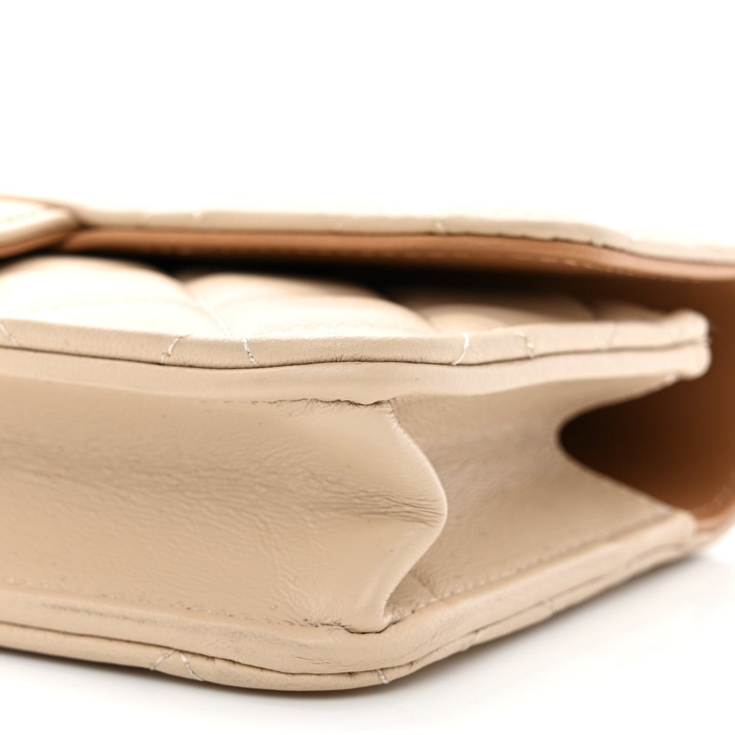 Lambskin Quilted Flap Phone Holder With Chain Beige Brown