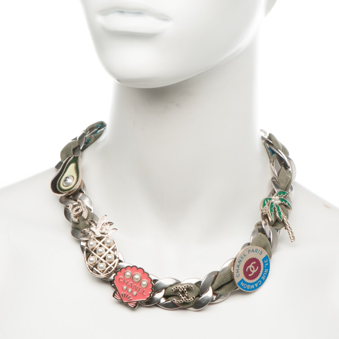 Metal Fabric Strass Pearl Cuba CC Chain Link Choker Necklace Green Pink Silver Gold