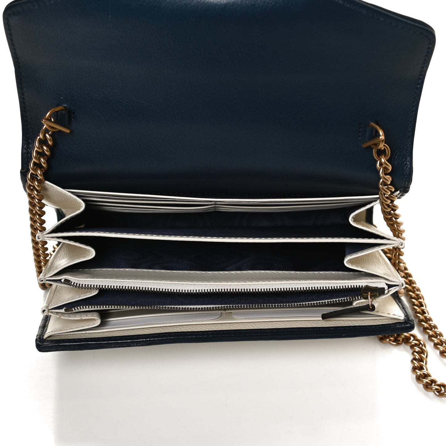 Vintage Effect Calfskin Matelasse Diagonal Torchon GG Marmont Chain Wallet Mystic White Blue Agata