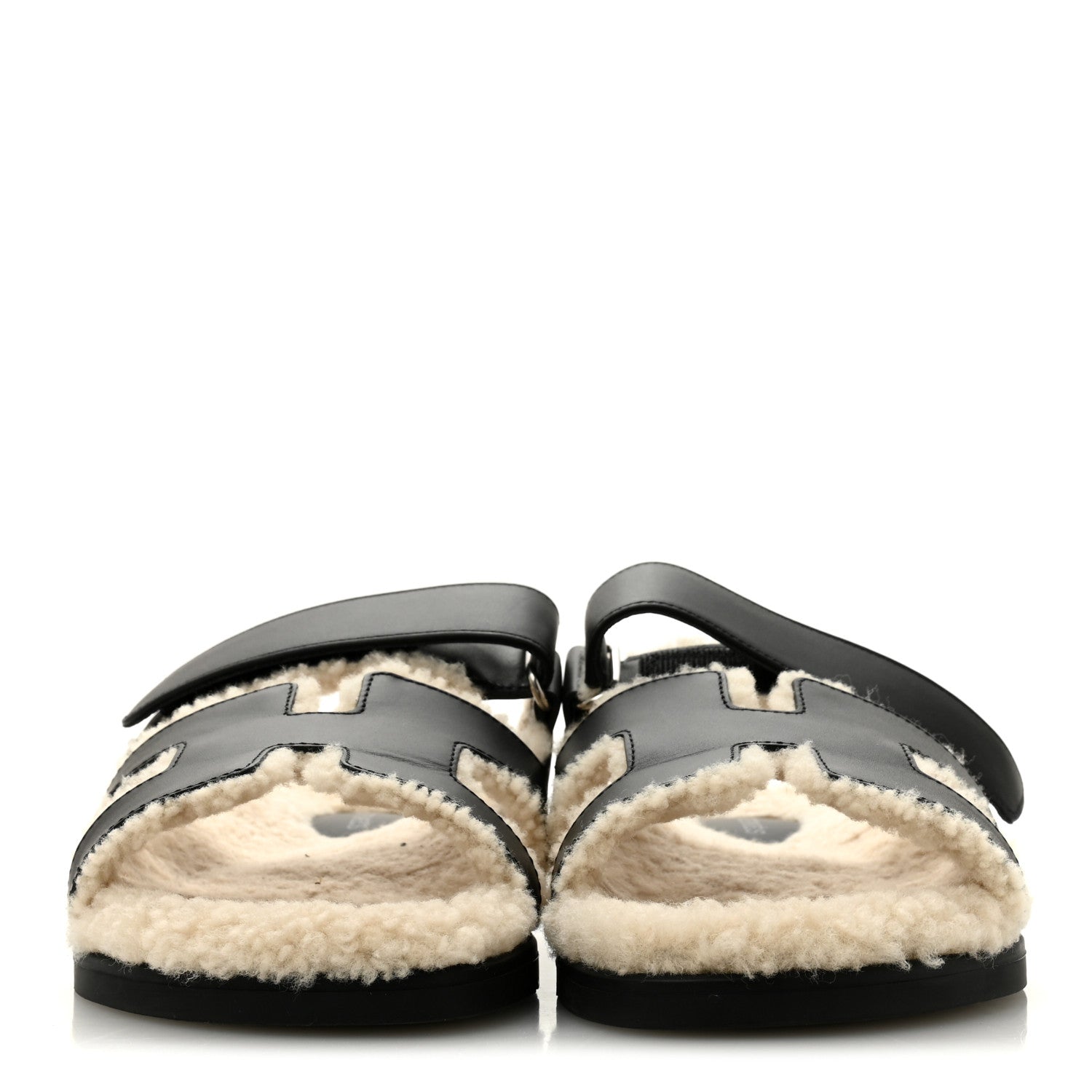 Hermes Calfskin Woolskin Womens Chypre Sandals 40 Black Ecru 3 of 10