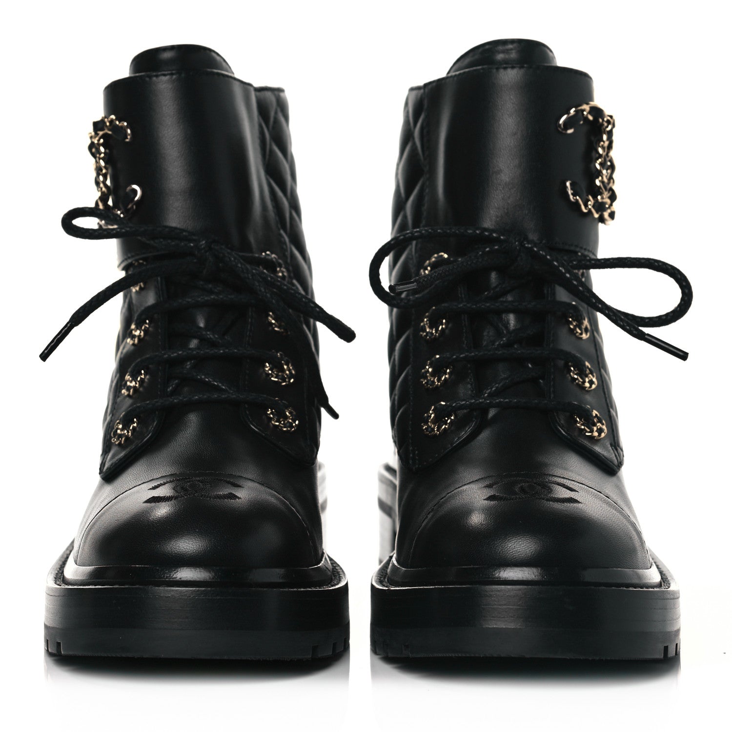 Chanel Shiny Lambskin Quilted Lace Up Combat Boots 37 Black 2 of 7