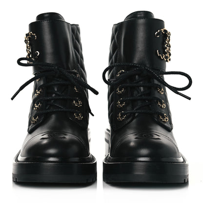 Chanel Shiny Lambskin Quilted Lace Up Combat Boots 37 Black 2 of 7