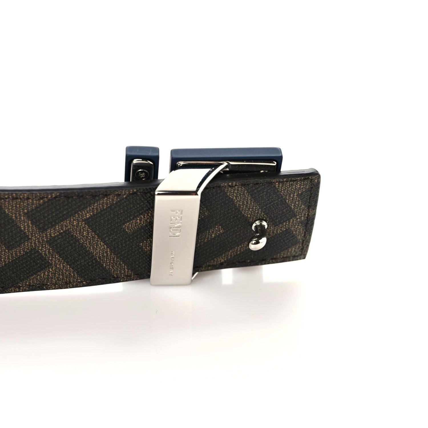 Fendi Cuoio Romano Glazed Fabric Enamel FF 1974 FF Buckle Reversible Belt 85 34 Blue Notte Tobacco Moro 4 of 5