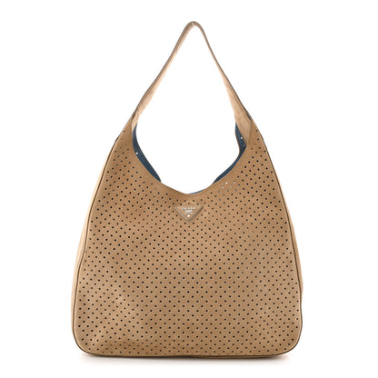 Prada Scamosciato Perforated Suede Hobo Cammello 3 of 15