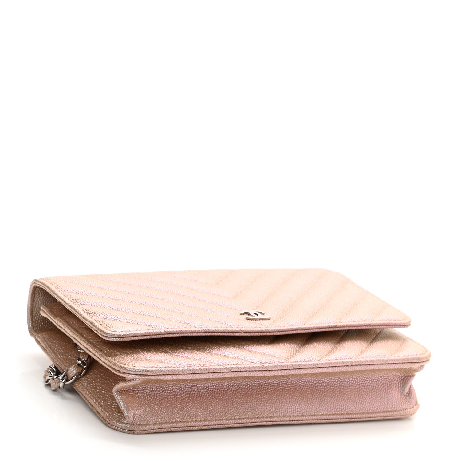 Chanel Metallic Caviar Chevron Quilted Wallet On Chain WOC Light Gold 4 of 11