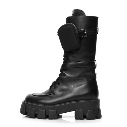 Prada Vitello Lux Nylon Metal Triangle Logo Monolith Pouch Pocket 55mm Tall Combat Boots 38.5 Black 1 of 8