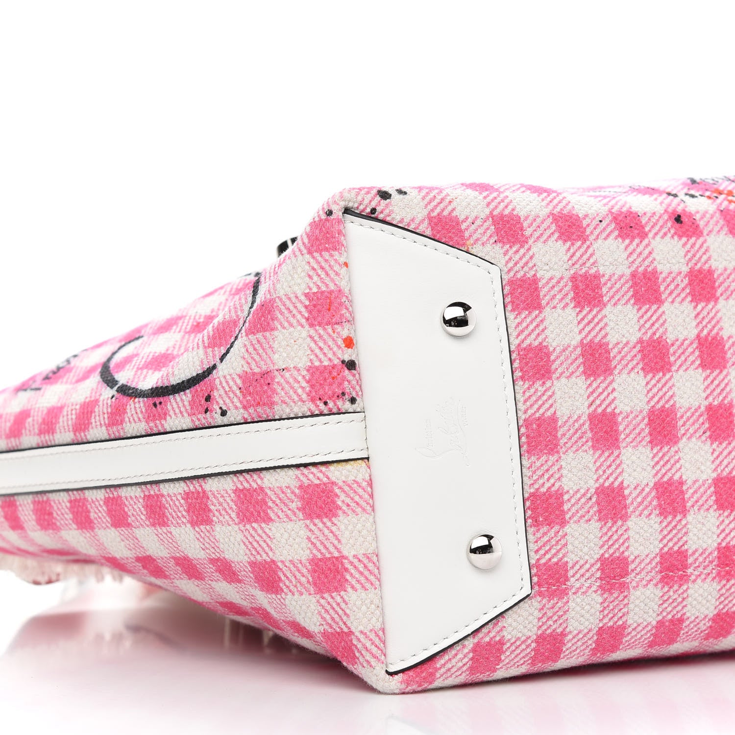Christian Louboutin Canvas Gingham Printed Mini Frangibus Tote Pink White 8 of 9
