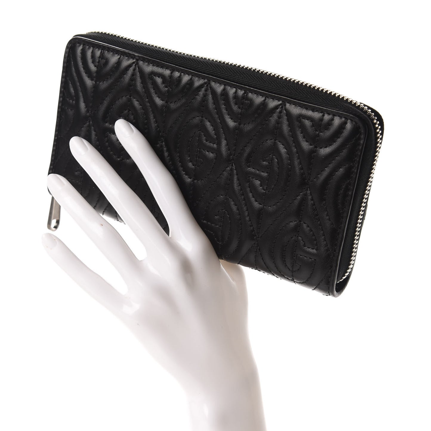 Calfskin G Rhombus Quilted Zip Around Wallet Black