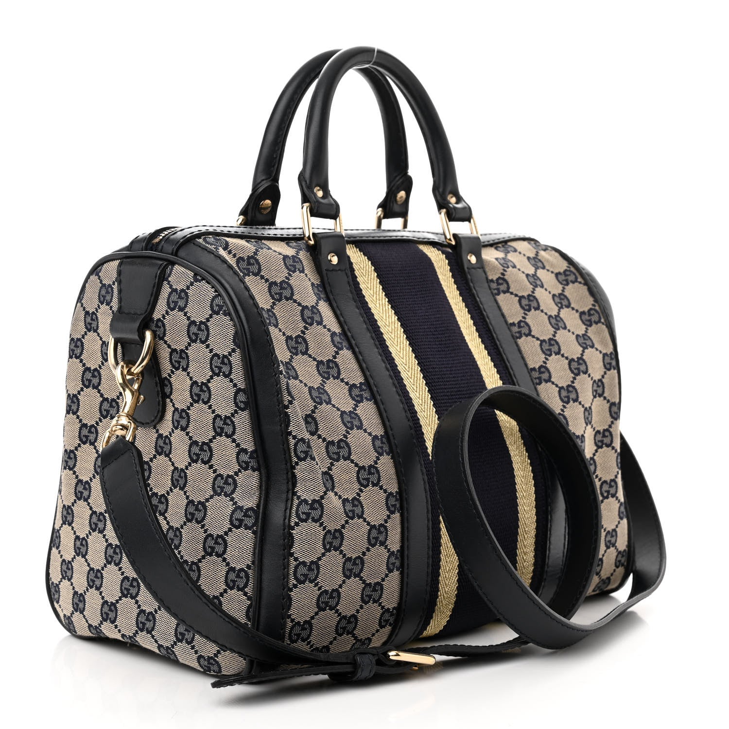 Gucci Monogram Vintage Web Medium Boston Gold Navy 3 of 11