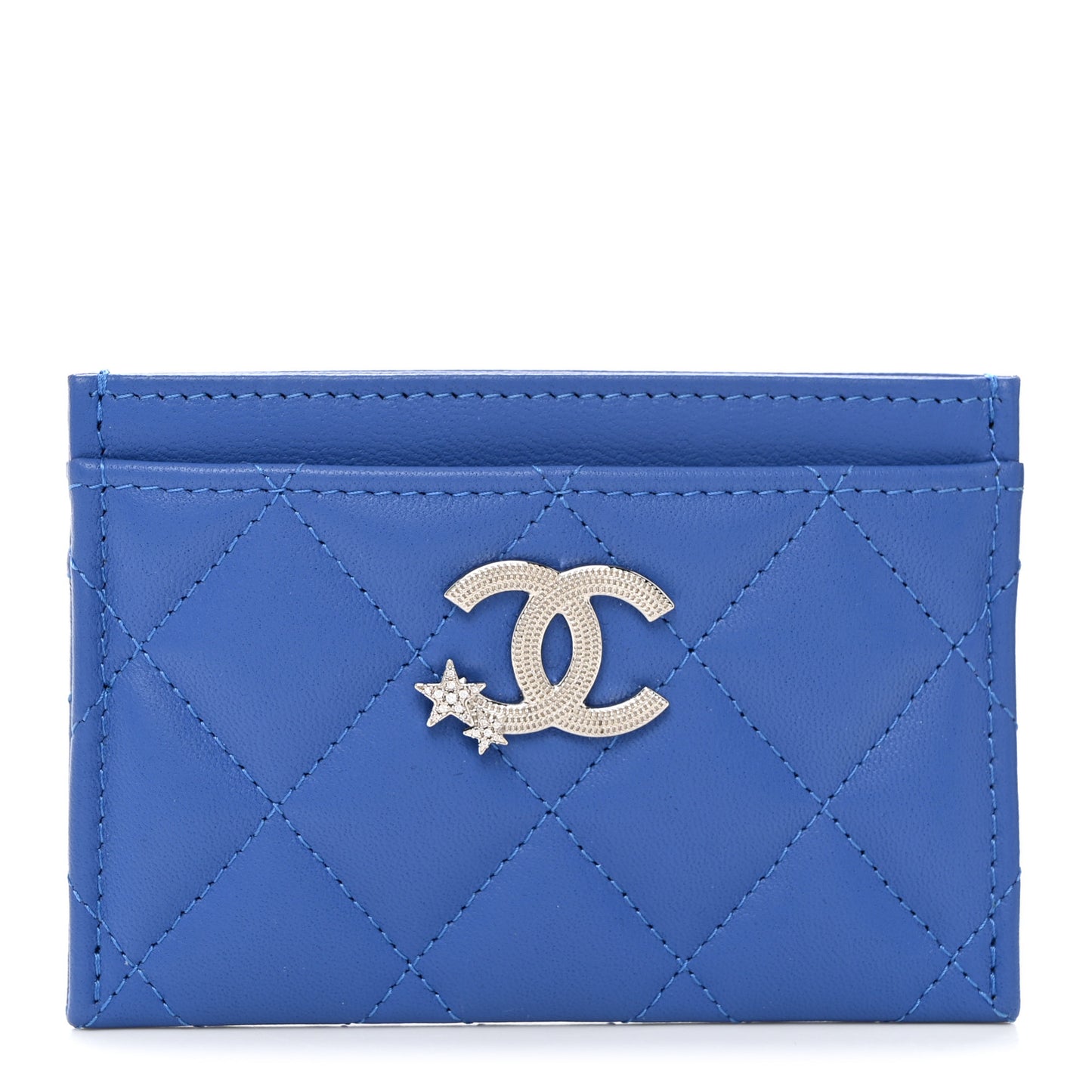 Lambskin Crystal Quilted Studded CC Card Holder Blue