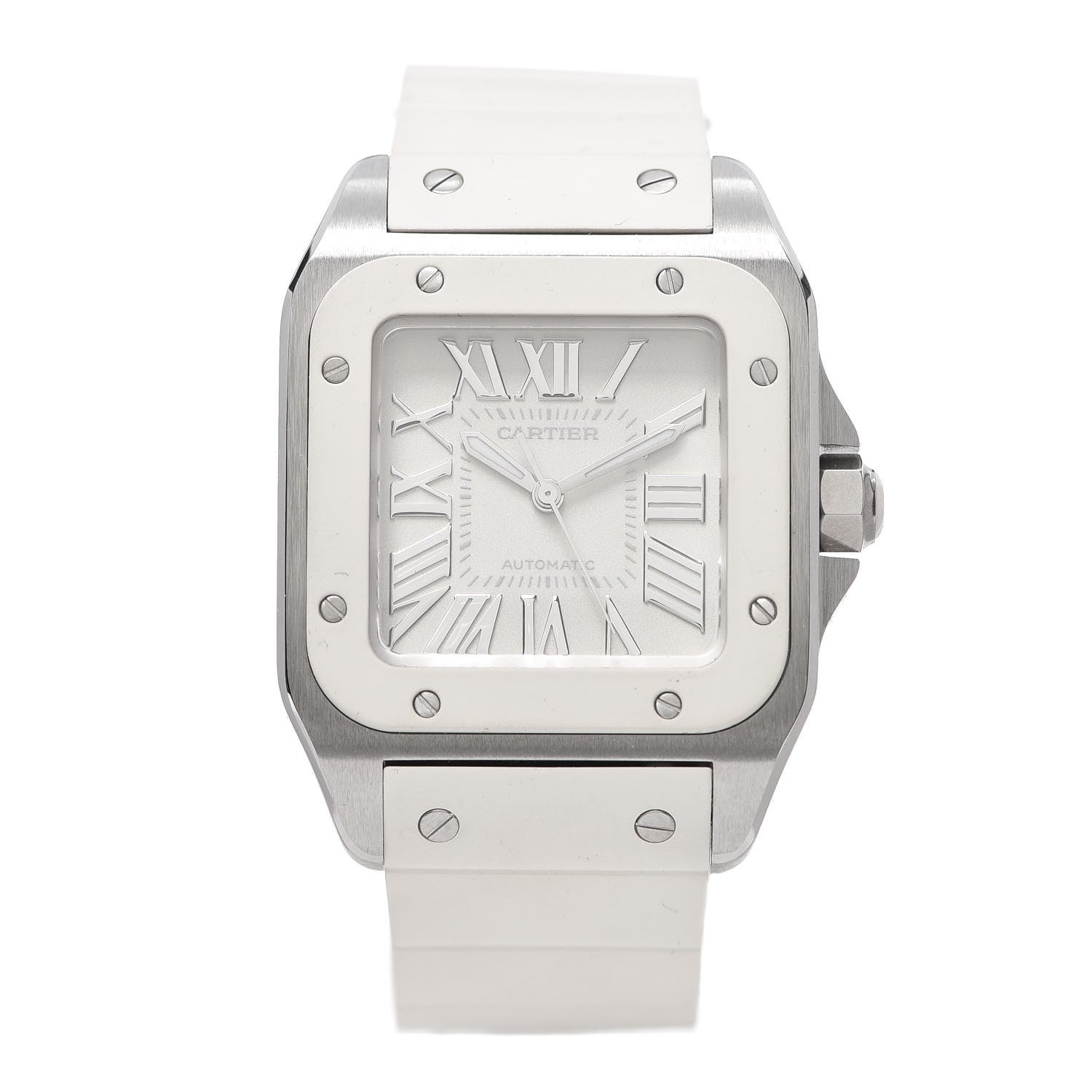 Cartier Stainless Steel Rubber 33mm Santos 100 Automatic Watch White 1 of 5