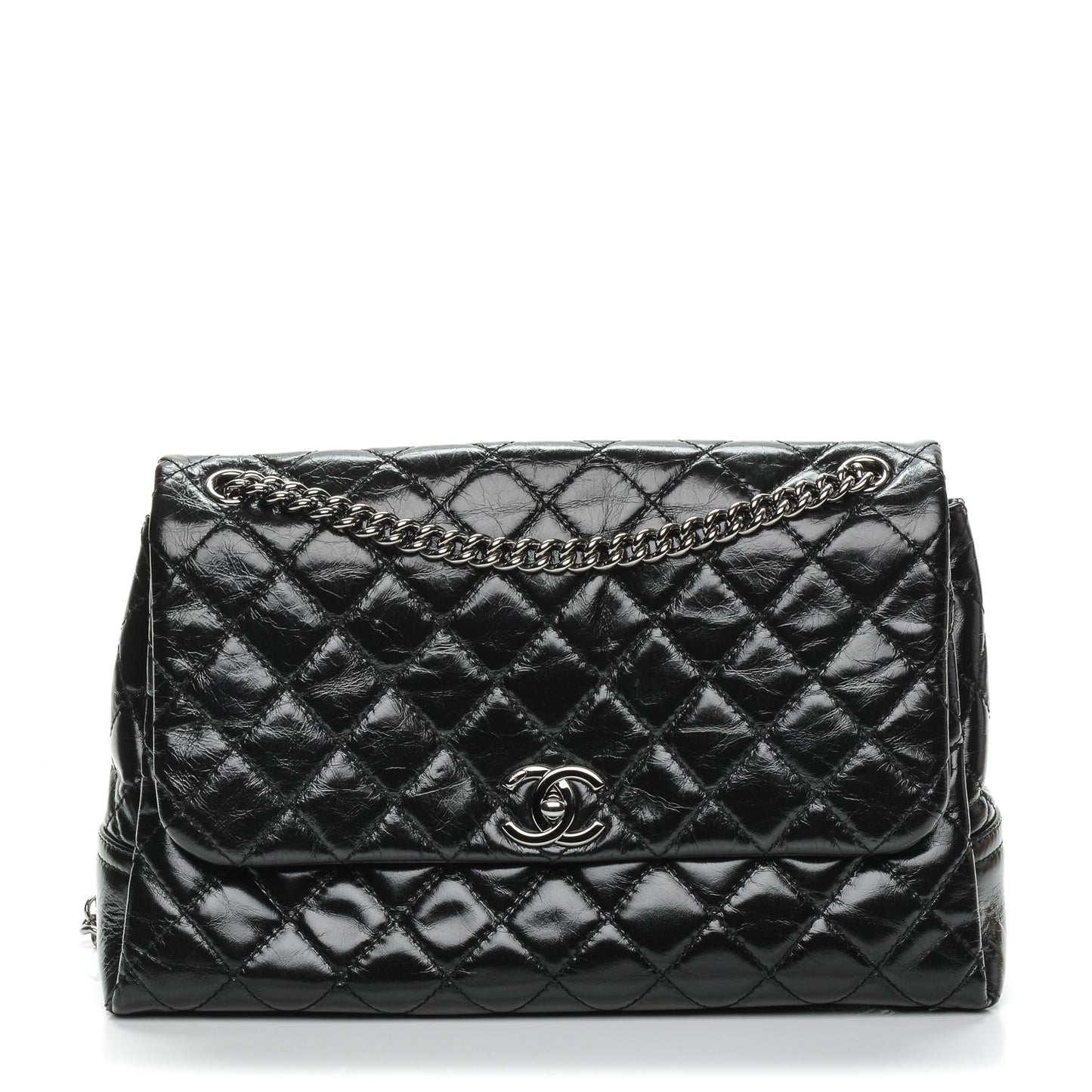 Glazed Calfskin Quilted Large Lady Pearly Flap Black