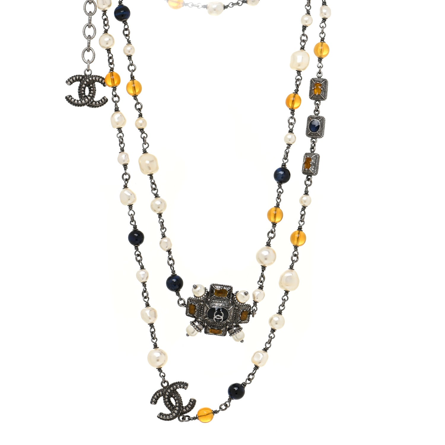 Chanel Gripoix Glitter Poured Glass Pearl Crystal Bead CC Long Necklace Ruthenium Blue Yellow 1 of 7