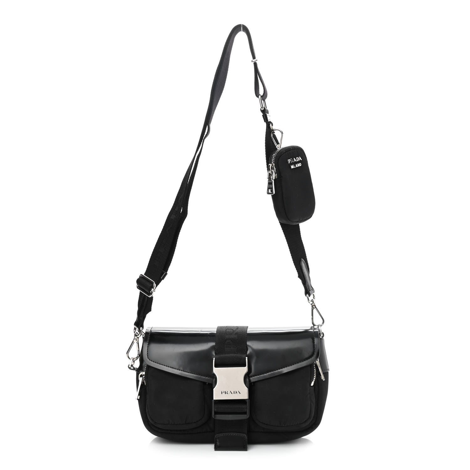 Prada Re-Nylon Spazzolato Double Pocket Buckle Shoulder Bag Black 1 of 11