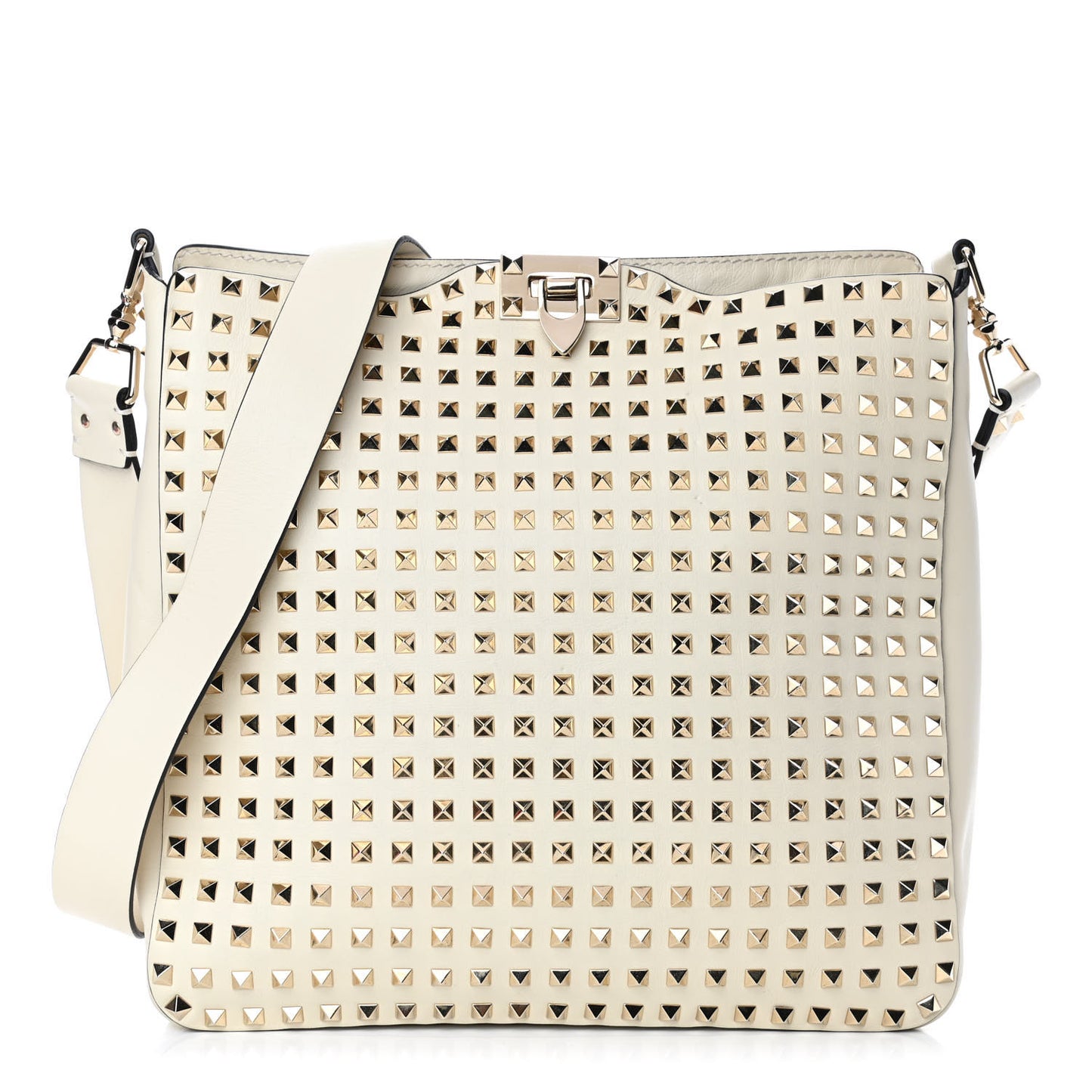 Vitello Large Rockstud All Over Flip-Lock Messenger Bag Light Ivory