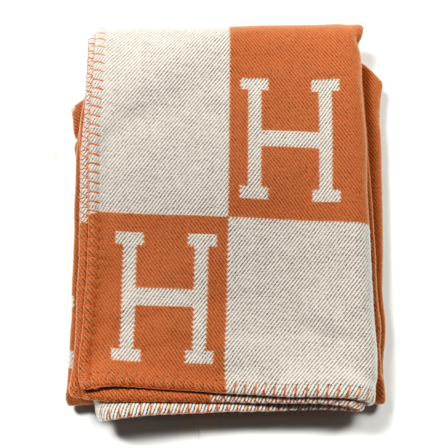 Hermes Wool Cashmere Signature Classic Avalon Blanket Ecru Potiron 1 of 3