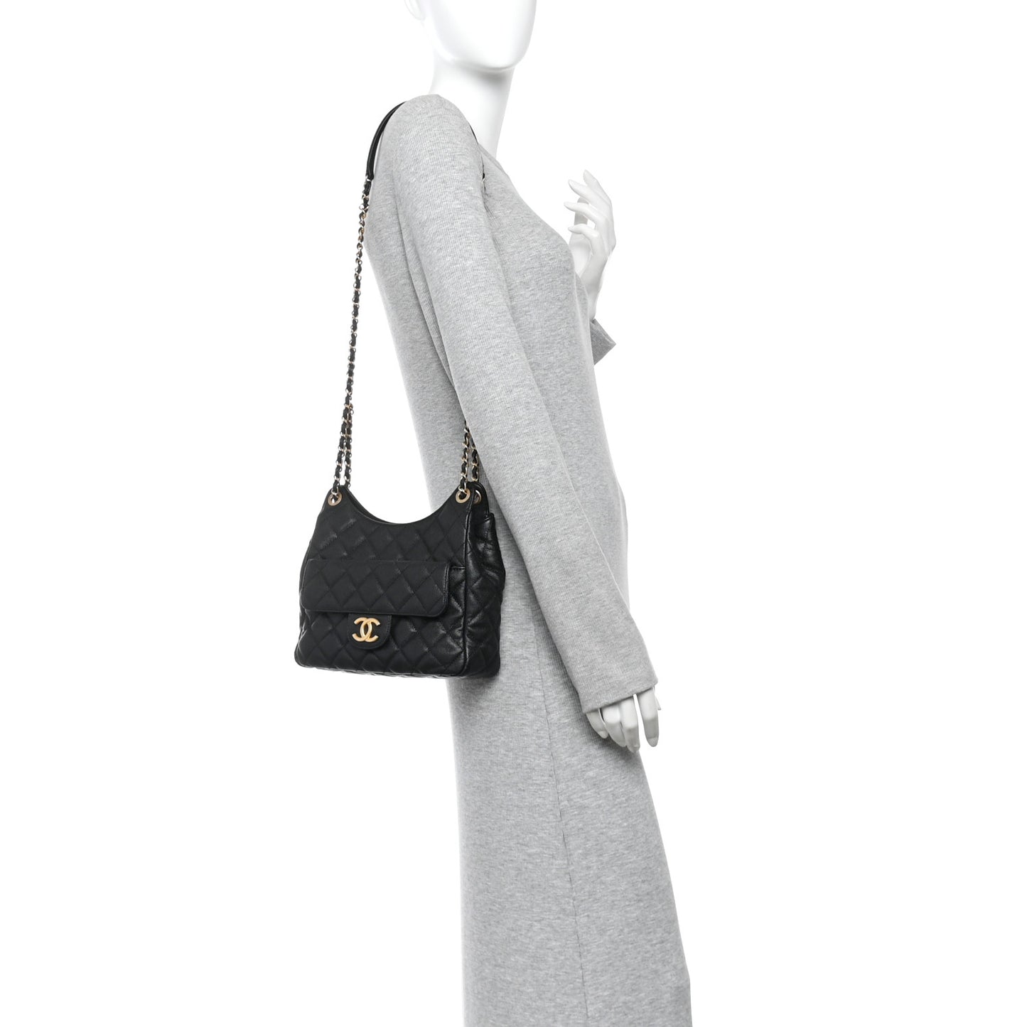Caviar Quilted Wavy CC Hobo Black