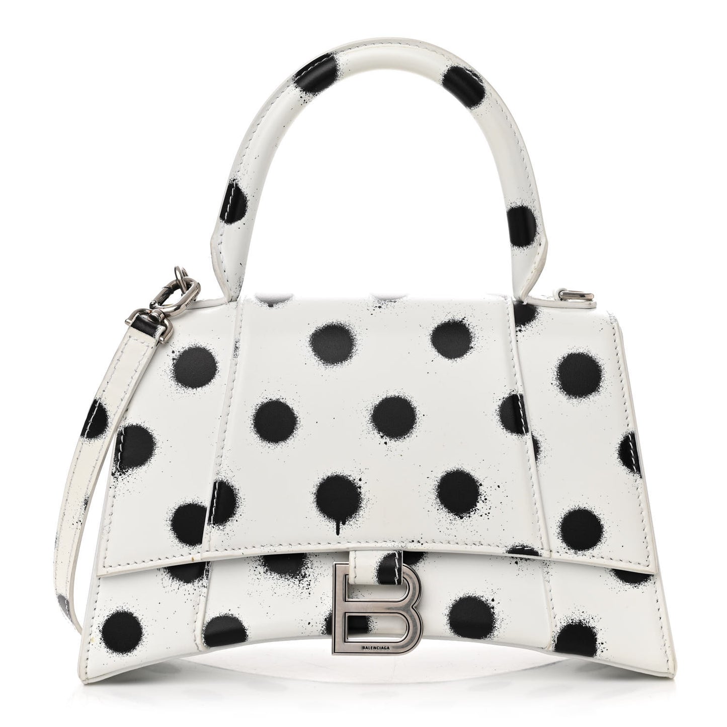 Smooth Calfskin Spray Polka Dot Small Hourglass Top Handle Bag White Black