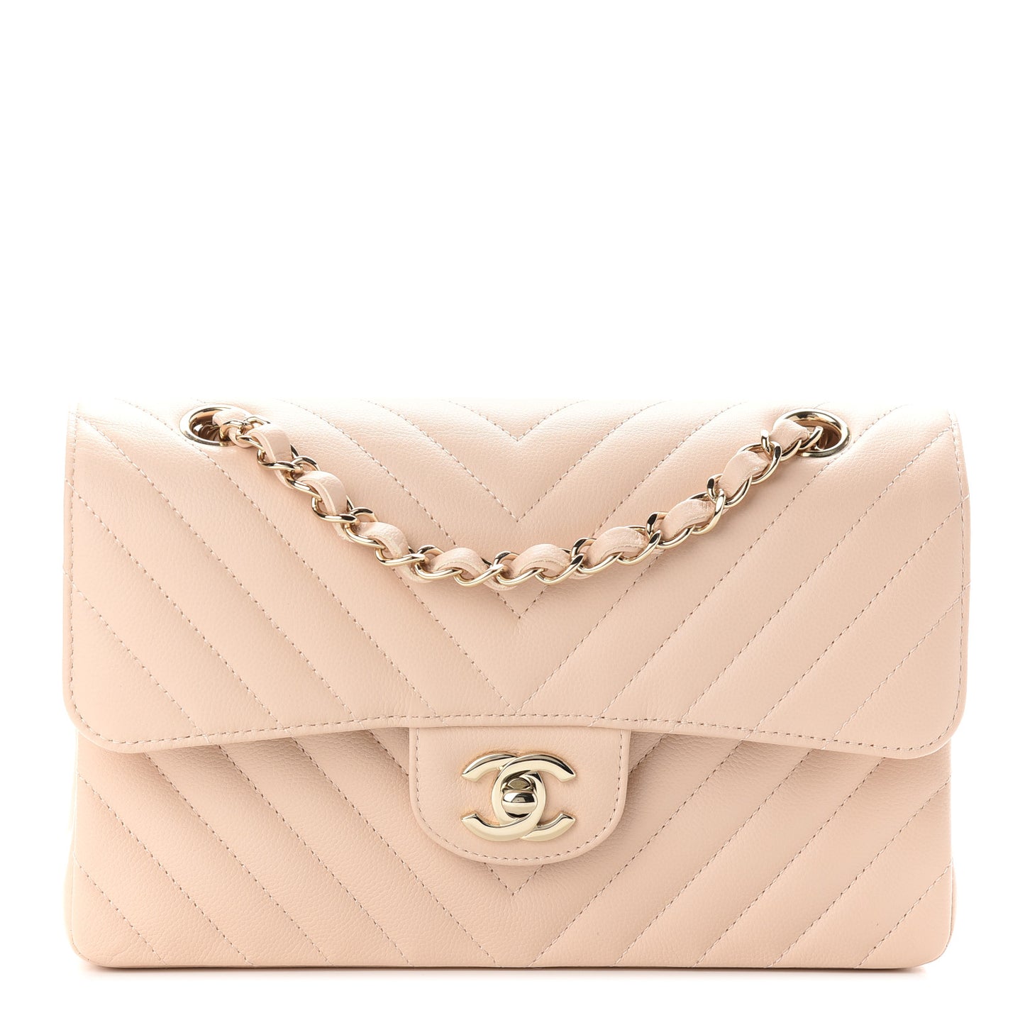 Caviar Chevron Quilted Small Double Flap Beige