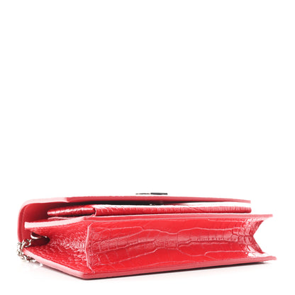Saint Laurent Calfskin Crocodile Embossed Monogram Sunset Chain Wallet Rouge Eros 4 of 9