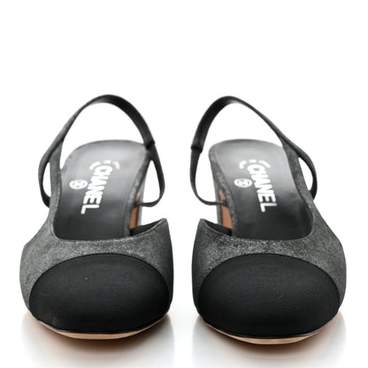 Chanel Wool Velvet Cap Toe CC Slingback Pumps 39.5 Black Grey 2 of 8