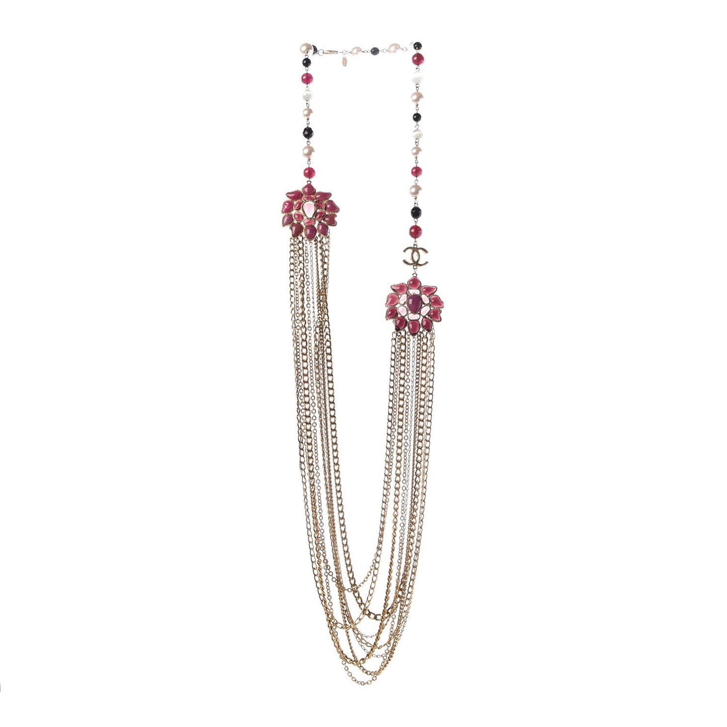 Gripoix Poured Glass Pearl Beaded CC Long Necklace Gold Multicolor