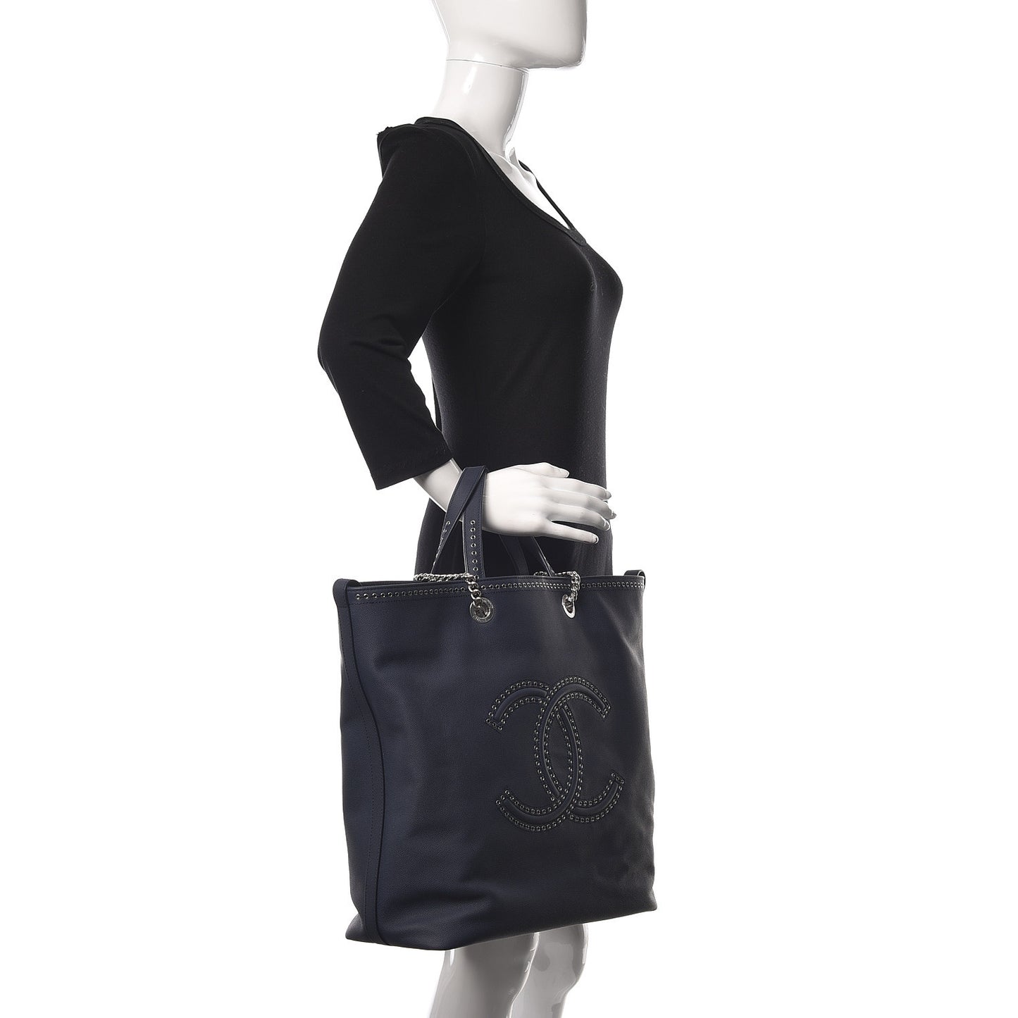 Grained Calfskin Large Coco Eyelets Shopping Tote Navy
