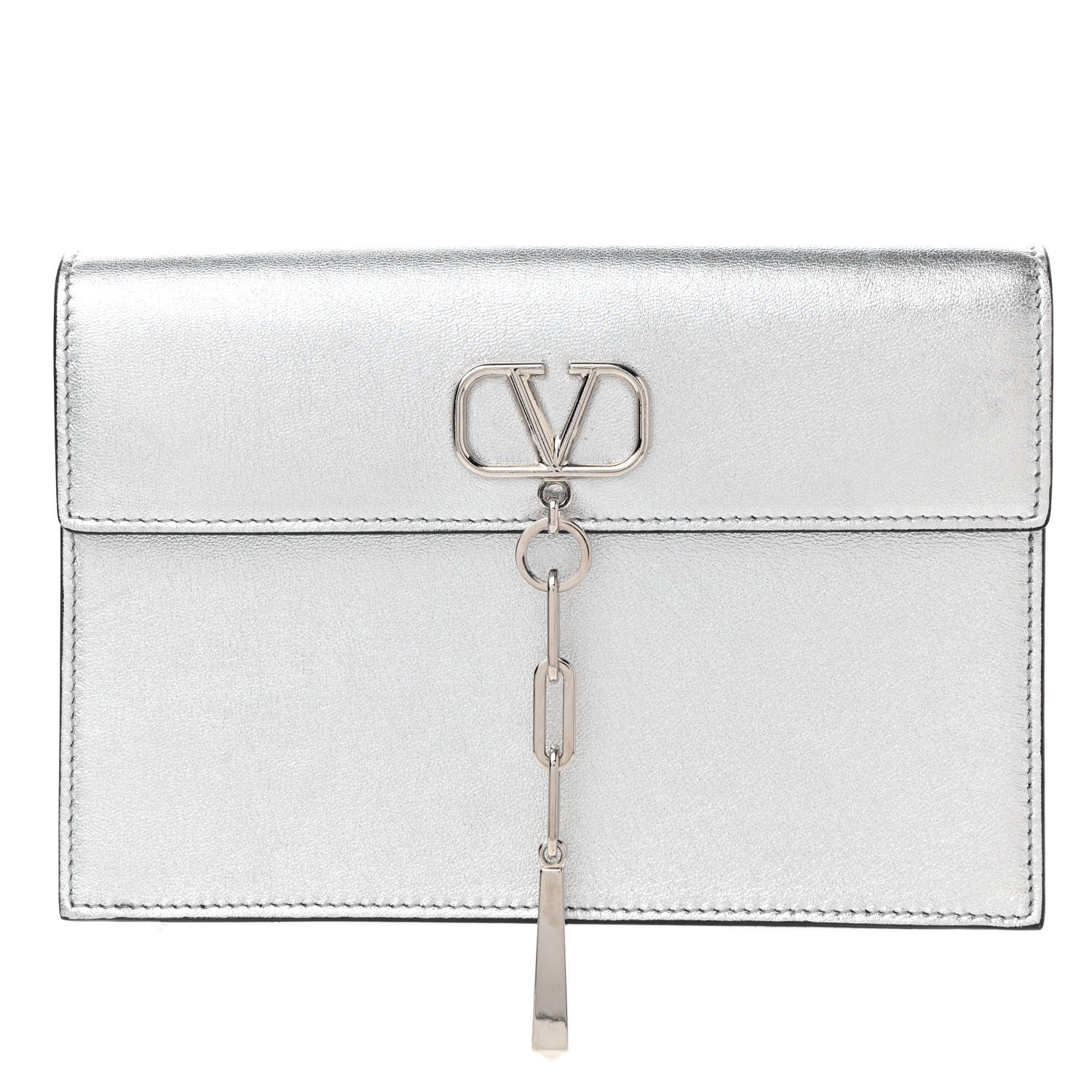 Valentino Garavani Metallic Calfskin Large Vlogo Escape Clutch Silver 1 of 10