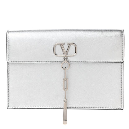 Valentino Garavani Metallic Calfskin Large Vlogo Escape Clutch Silver 1 of 10
