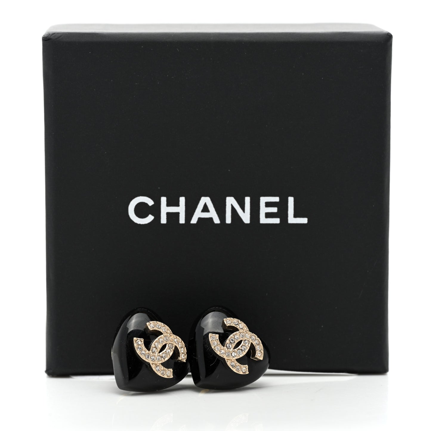Resin Crystal CC Heart Earrings Black Gold