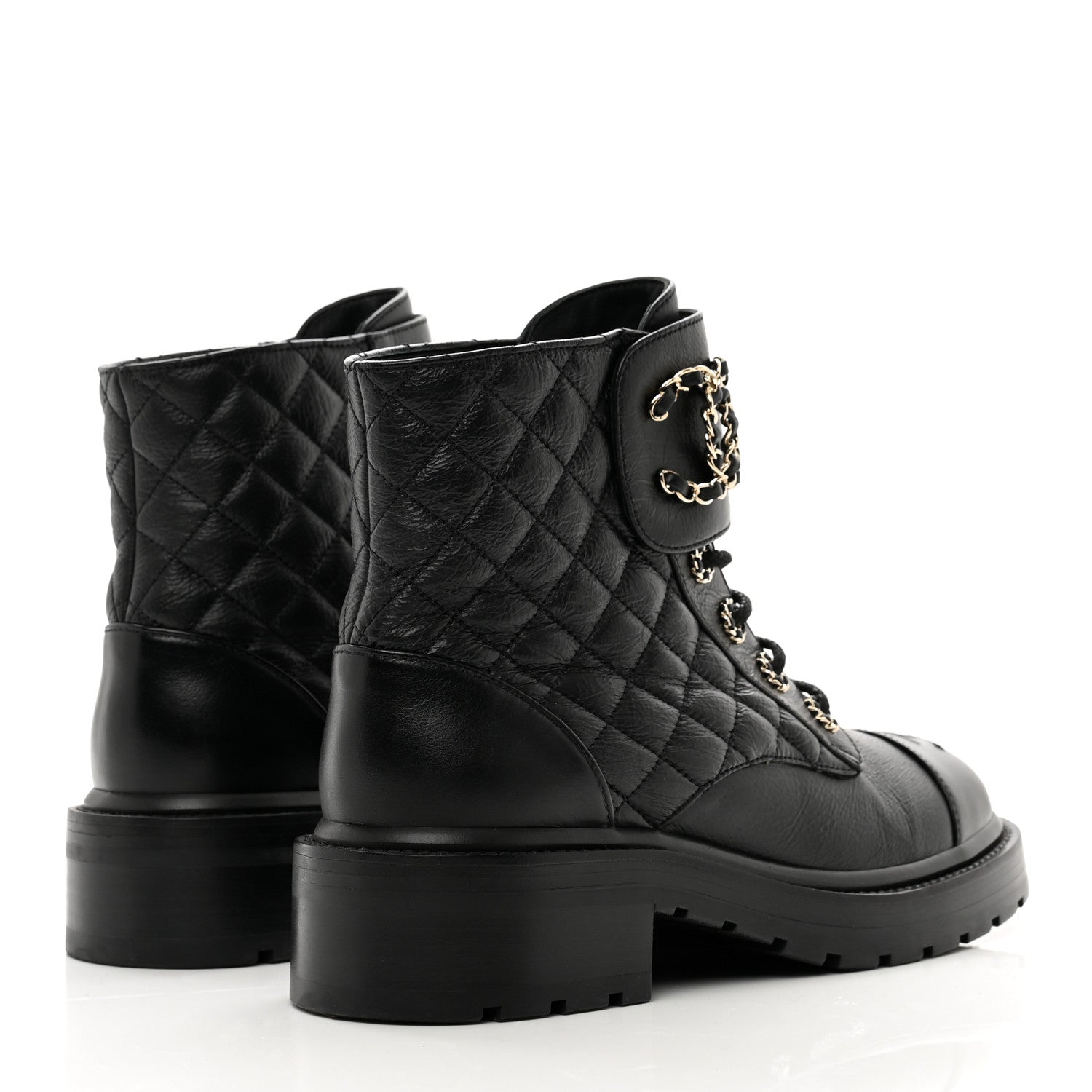 Chanel Shiny Calfskin Quilted Lace Up Combat Boots 38 Black 4 of 9