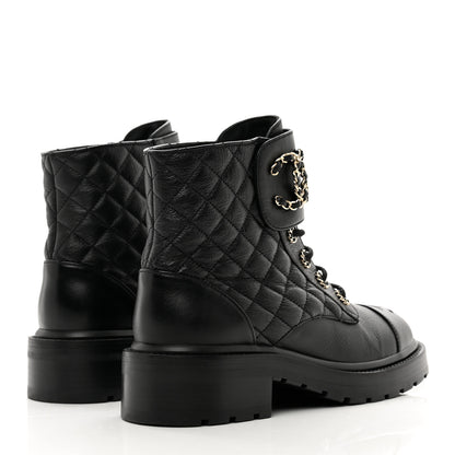 Chanel Shiny Calfskin Quilted Lace Up Combat Boots 38 Black 4 of 9