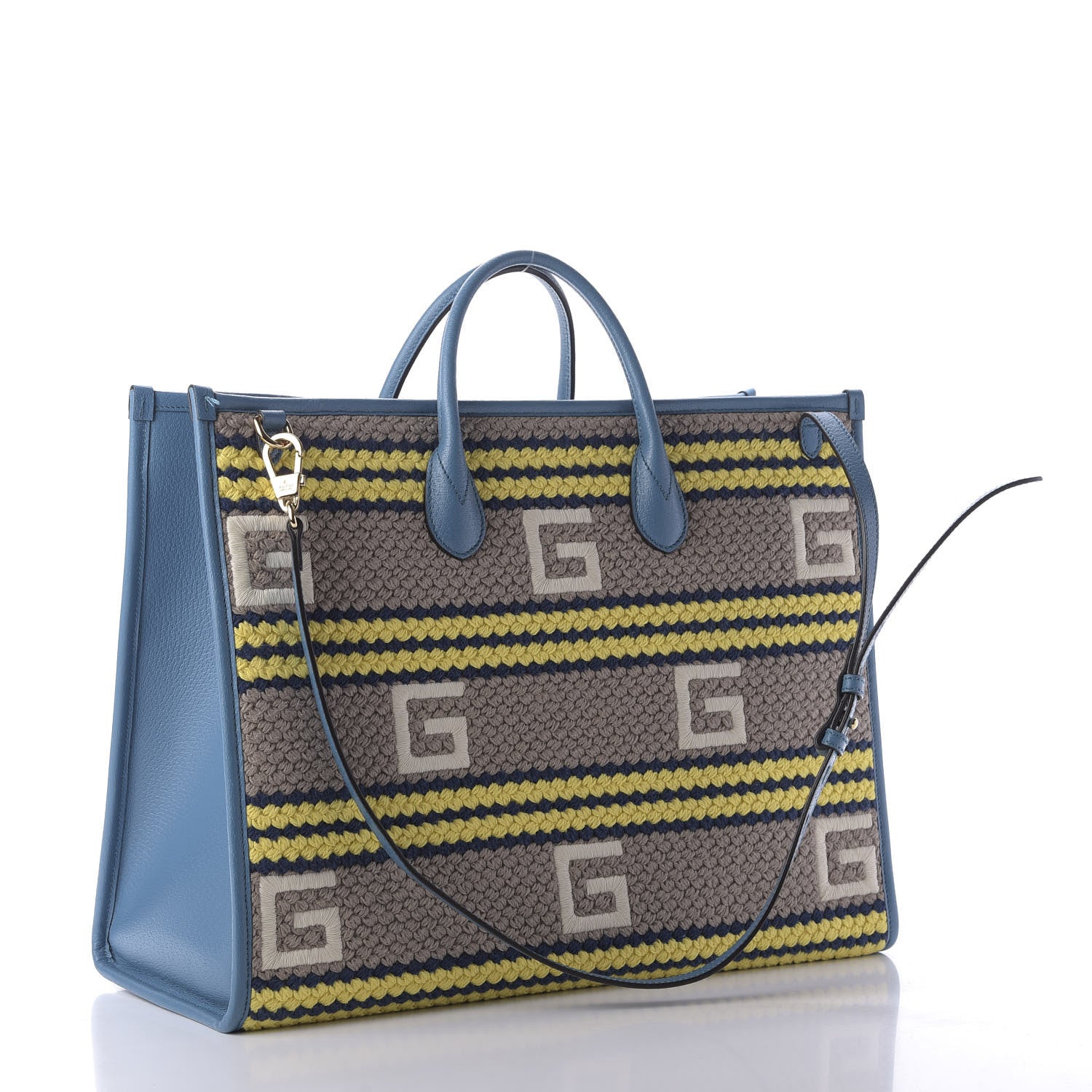 Gucci Fabric Embroidered Hawaii Striped Tote Bag Blue 3 of 10