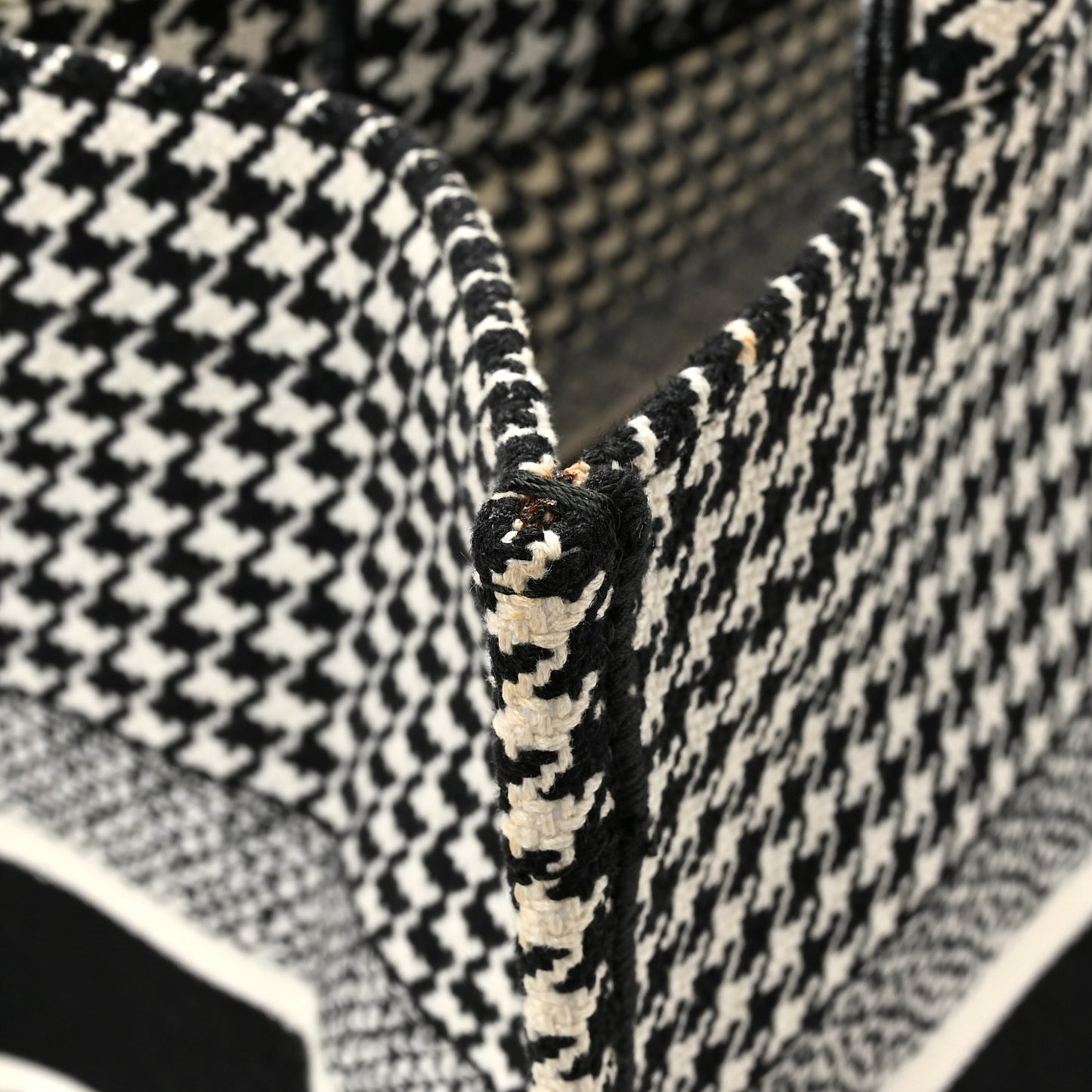 Canvas Houndstooth Embroidered Medium Book Tote Black White