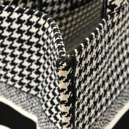 Christian Dior Canvas Houndstooth Embroidered Medium Book Tote Black White 13 of 14