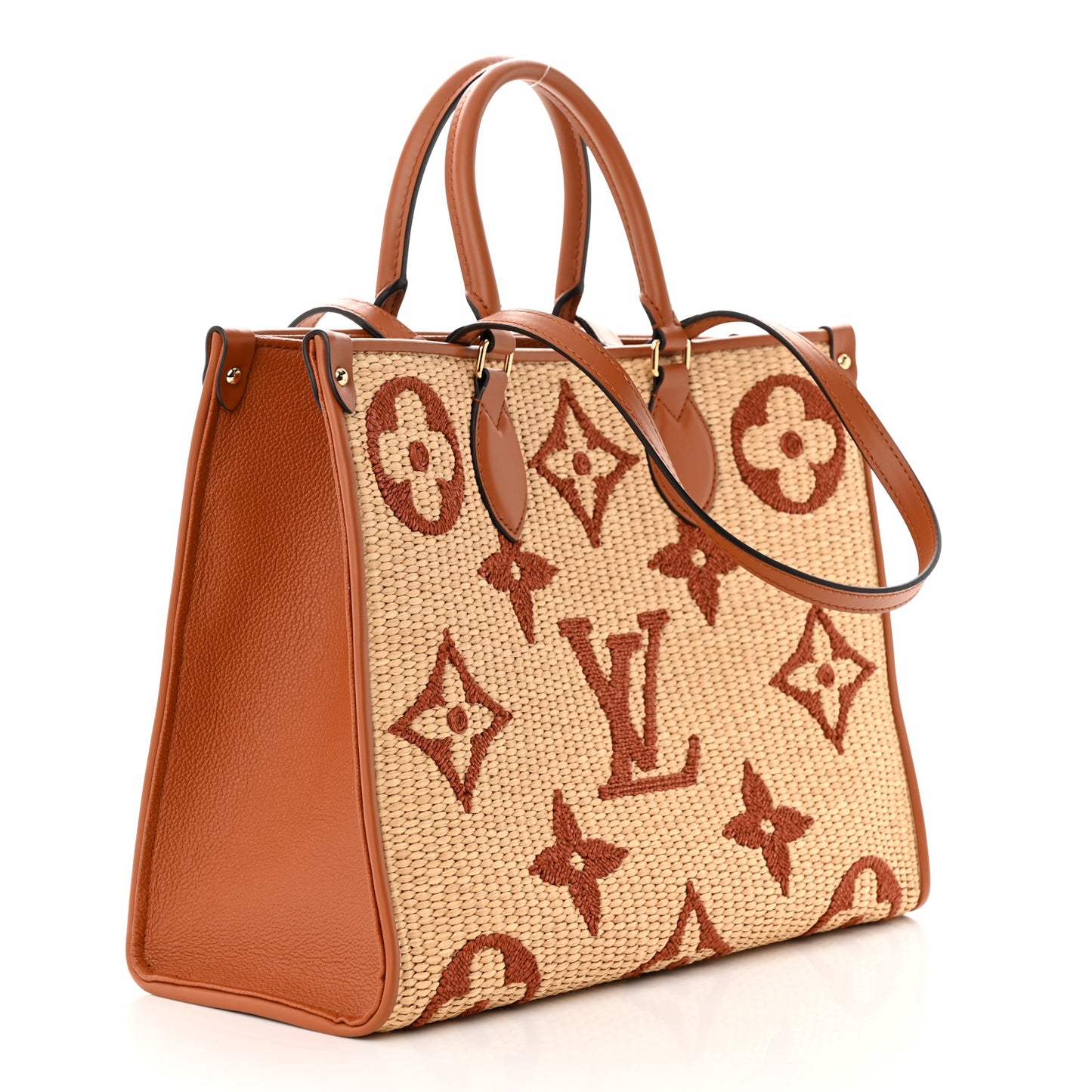 Raffia Calfskin Monogram Giant Onthego MM Tan