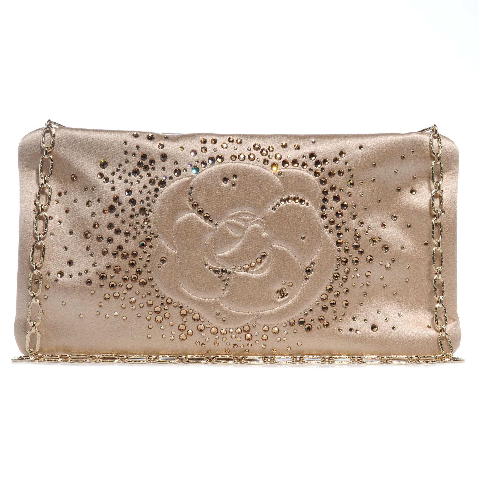 Chanel Satin Diamante Camellia Evening Clutch Bag Light Beige 1 of 8