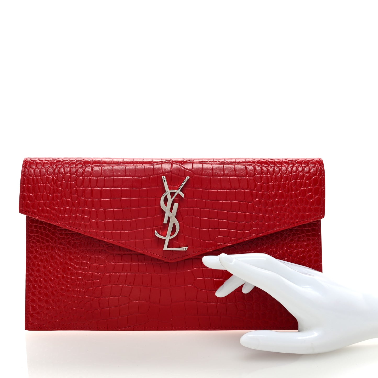 Calfskin Crocodile Embossed Uptown Monogram Clutch Rouge Eros