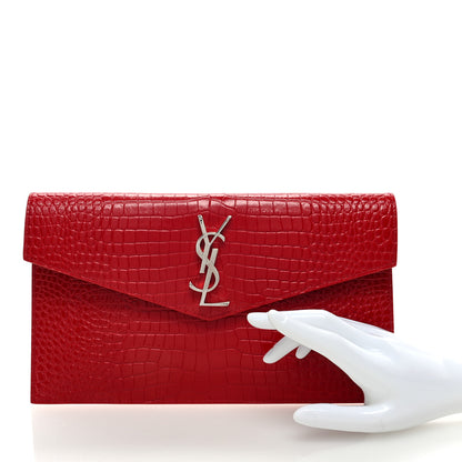 Saint Laurent Calfskin Crocodile Embossed Uptown Monogram Clutch Rouge Eros 2 of 6