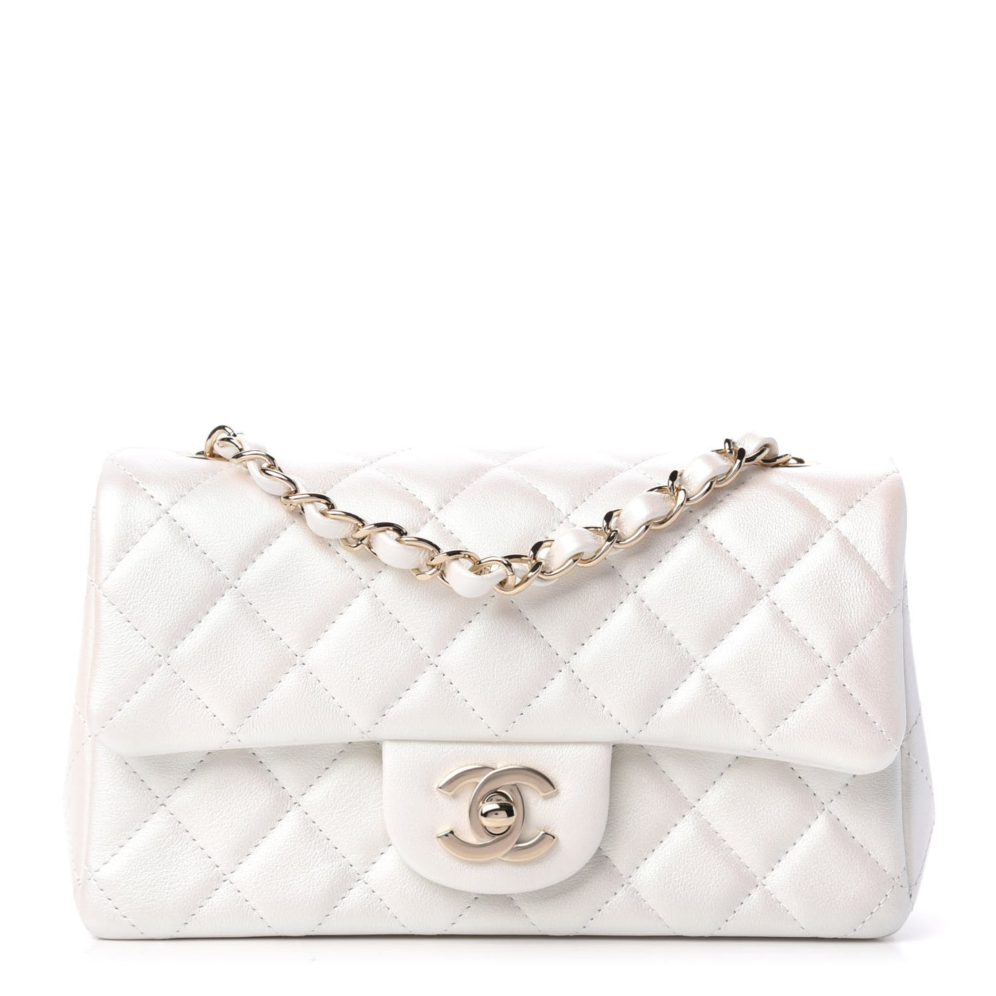 Iridescent Calfskin Quilted Mini Rectangular Flap White