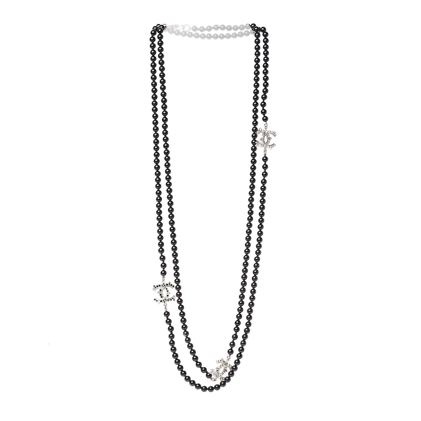 Ruthenium Crystal Baguette Pearl Beaded CC Long Necklace Black