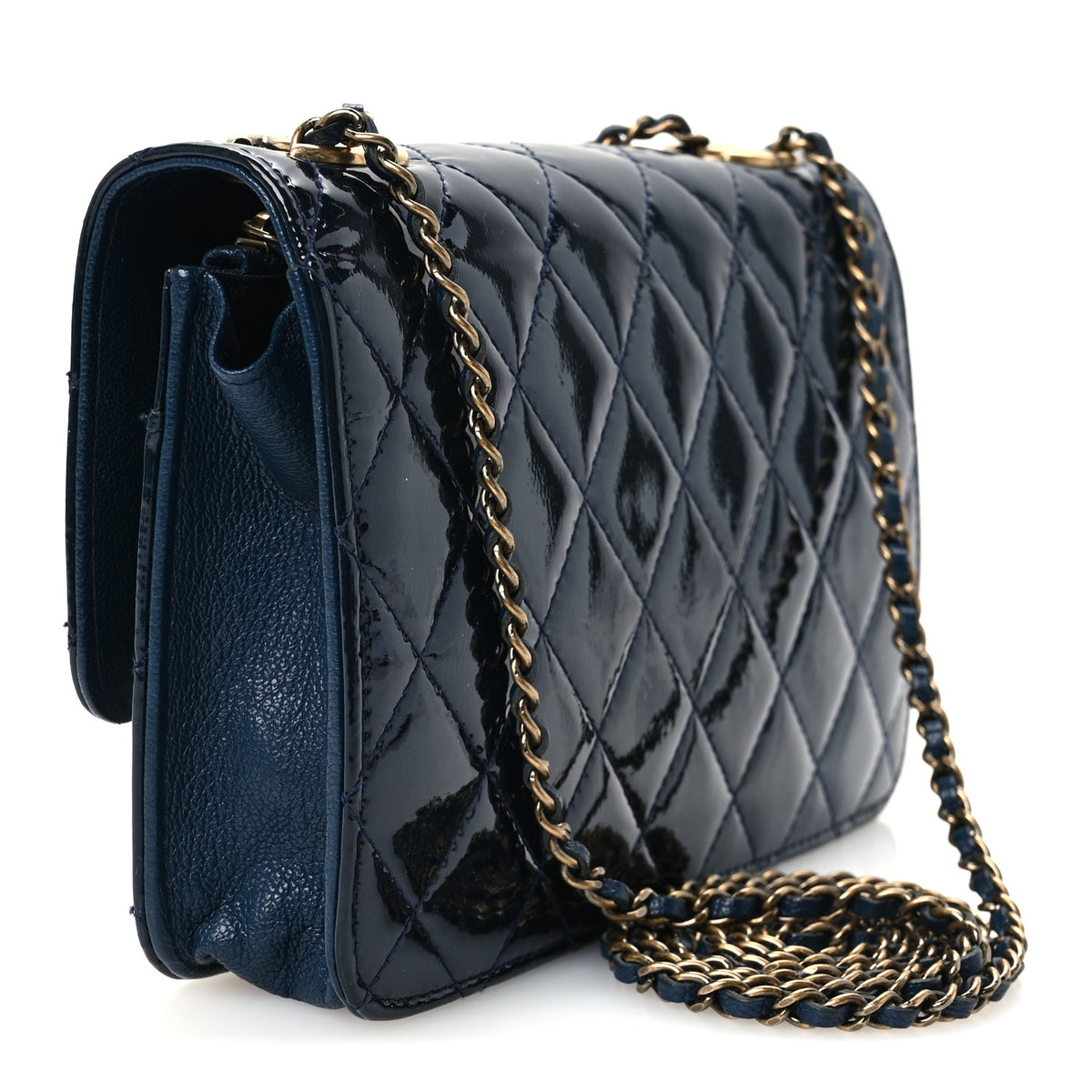 Patent Goatskin Quilted CC Eyelet Wallet On Chain WOC Blue