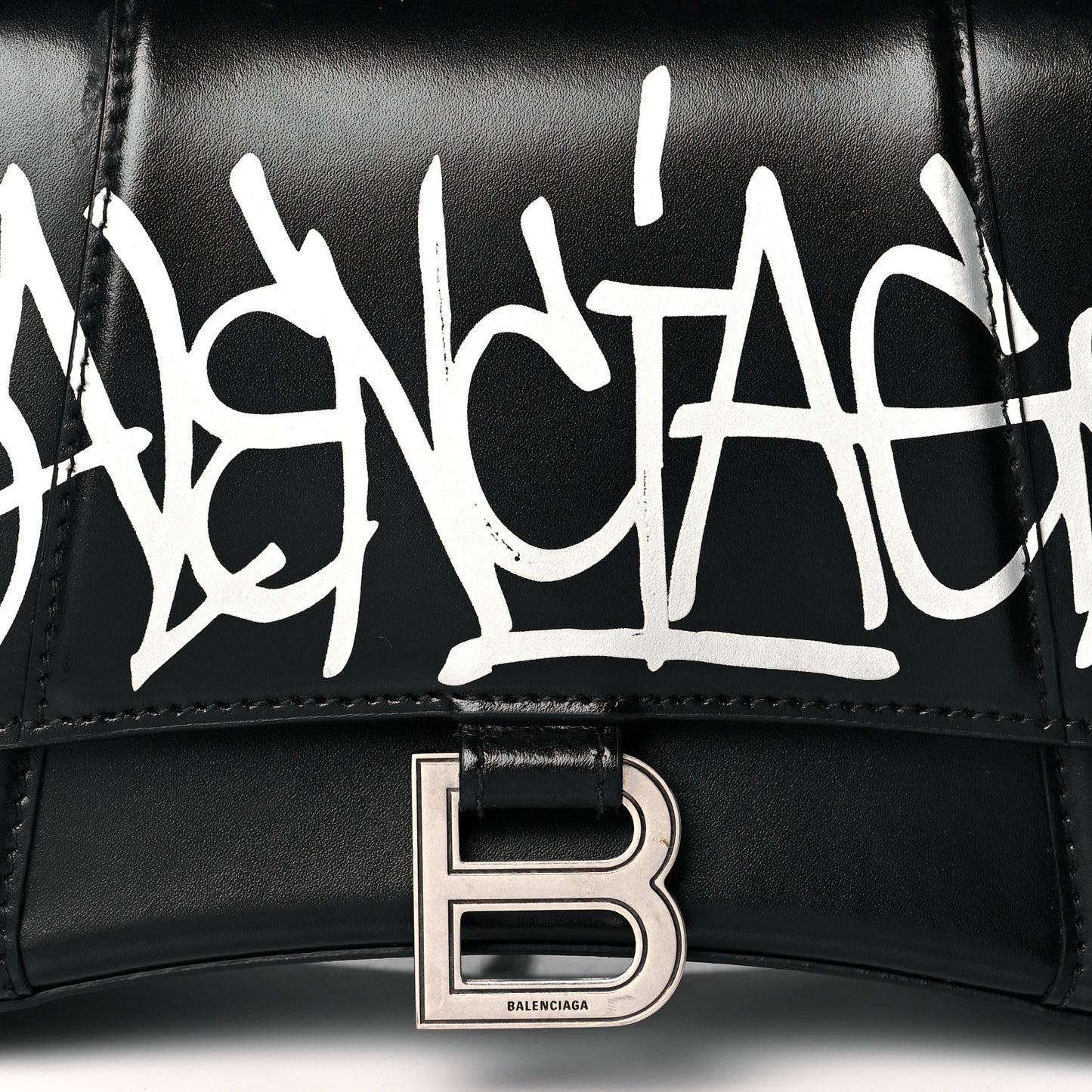 Shiny Box Calfskin Graffiti Logo Small Hourglass Top Handle Bag Black Silver