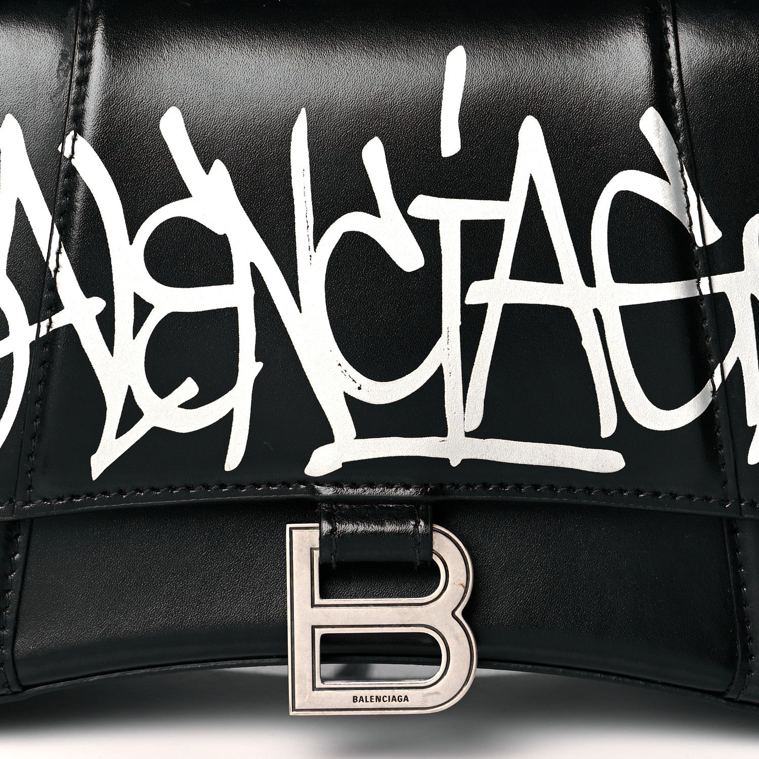 Balenciaga Shiny Box Calfskin Graffiti Logo Small Hourglass Top Handle Bag Black Silver 7 of 11