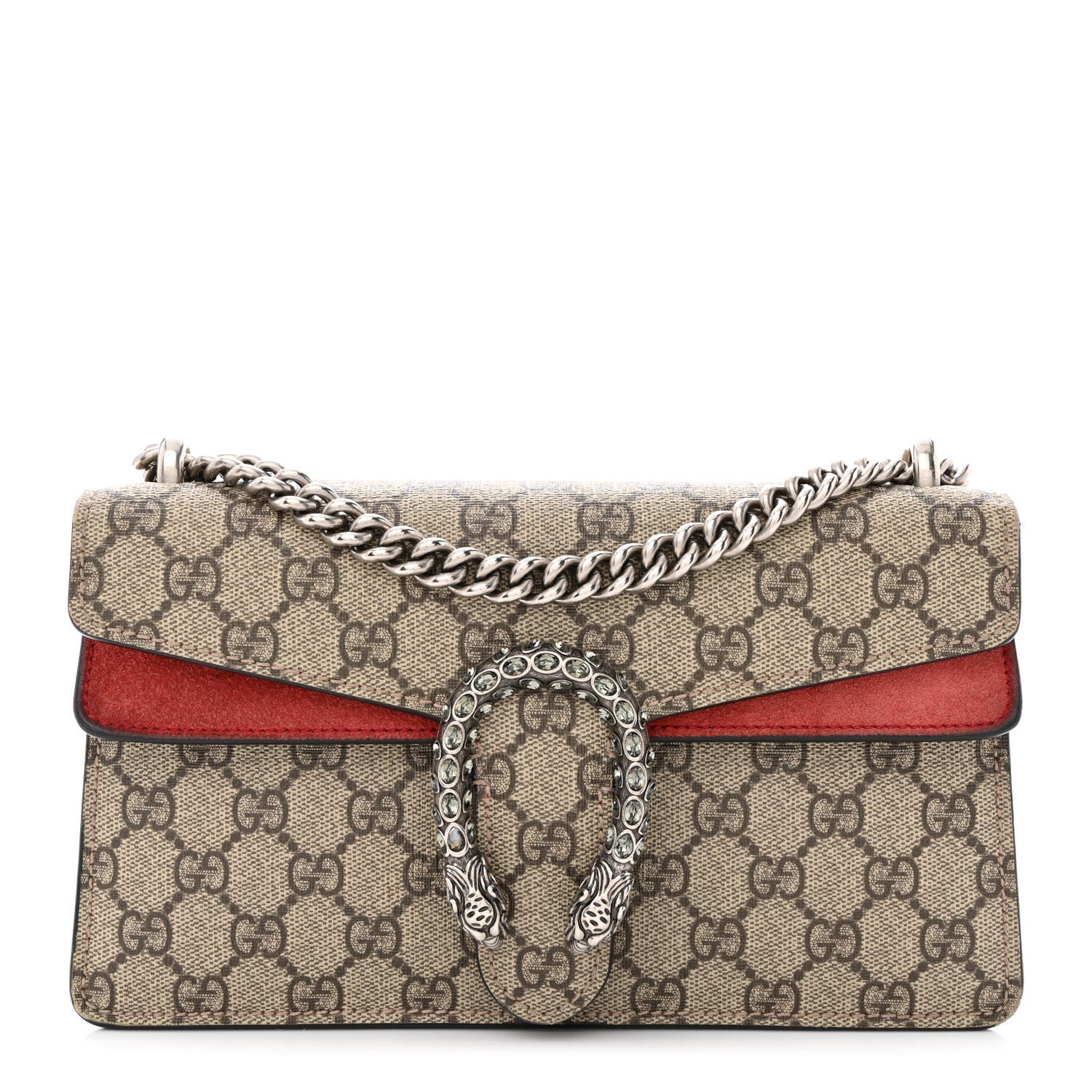 Gucci GG Supreme Monogram Suede Crystal Small Dionysus Shoulder Bag Beige Ebony Vulcanic Red 1 of 12