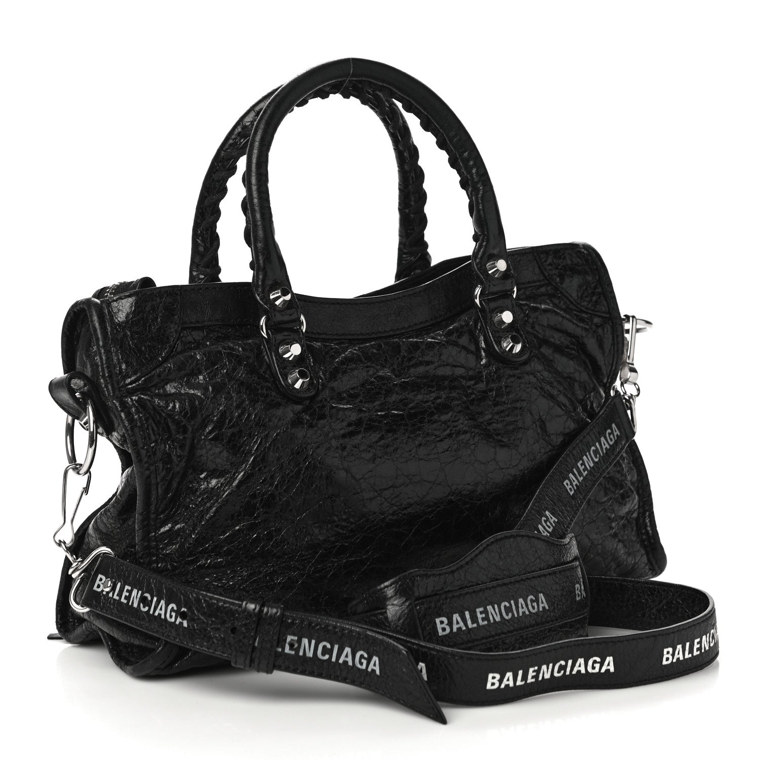Balenciaga Agneau Classic Silver Hardware S City Logo Strap Black White 3 of 9