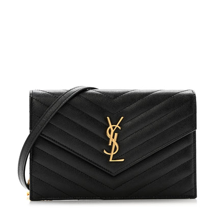 Saint Laurent Grain De Poudre Matelasse Chevron Monogram Envelope Chain Wallet Black 1 of 11