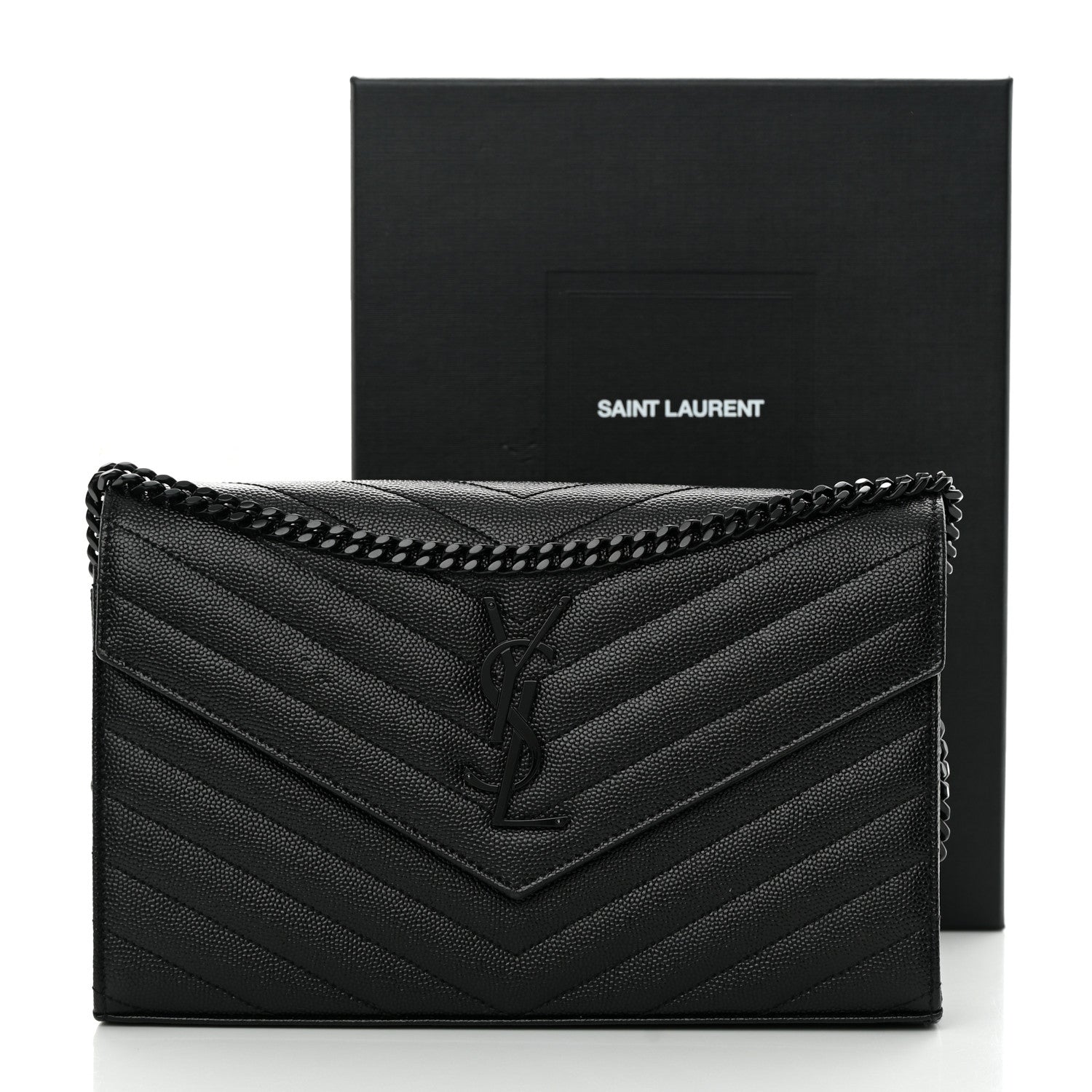 Saint Laurent Grain De Poudre Matelasse Chevron Monogram Monochrome Chain Wallet Black 13 of 13