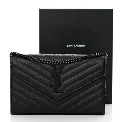 Saint Laurent Grain De Poudre Matelasse Chevron Monogram Monochrome Chain Wallet Black 13 of 13